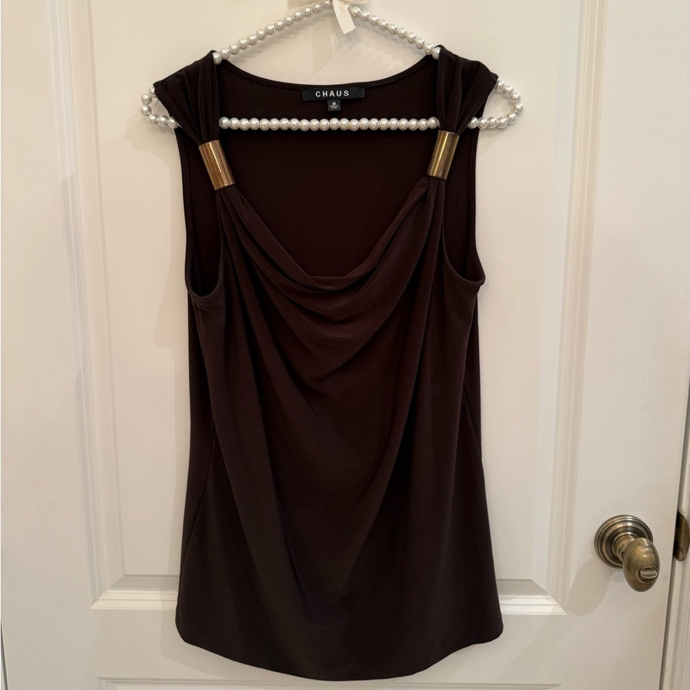 Chaus Brown Cowl Neck. Size M. Gold metal. Elegant.